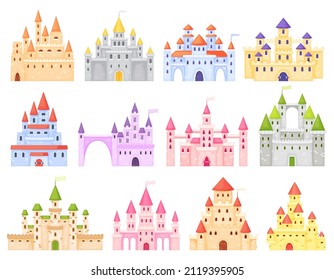 Fantasy cartoon medieval castles. Fairy tale royal kingdom with towers. Ancient dream building for king and queen. Fiction palace exterior for princess isolated vector set. Mysterious mansions