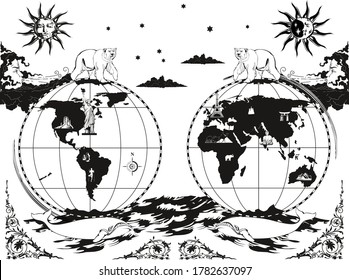 Fantasy Cartoon Old Map - Clip-art - Coloring. Black vector isolated on white background. Premium quality illustration.