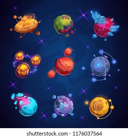 Fantasy cartoon planet. Fantastic alien planets. Space world game vector elements. Galaxy space fantastic planet for gui illustration