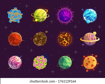 Fantasy cartoon planets. Different colorful planets on space background, astronomy objects stickers. cosmic galaxies collection. Game fantastic world cartoon vector set