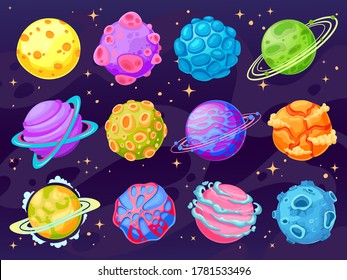 Fantasy cartoon planets. Multicolor cosmic planet objects for game design, fantastic galaxy world space universe ui vector isolated set.