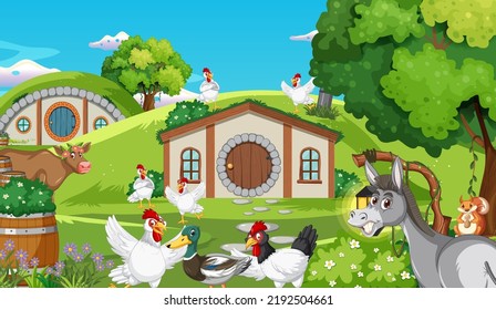 Fantasy cartoon scene with farm animals illustration