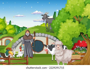 Fantasy cartoon scene with farm animals illustration