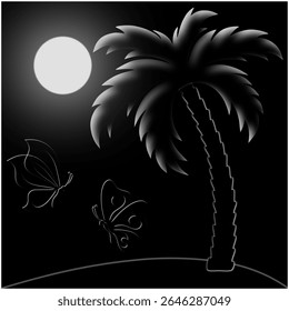 Fantasy cartoon vector fairy tale picture. Moon, palm tree, butterflies on dark background, for design.