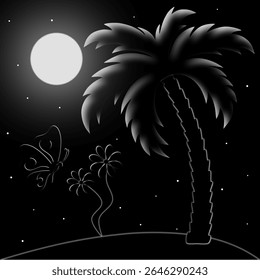 Fantasy cartoon vector fairy tale picture. Moon, palm tree, butterfly, flowers on dark background, for design.