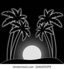 Fantasy cartoon vector fairy tale picture. Moon and palm trees on dark background, for design.