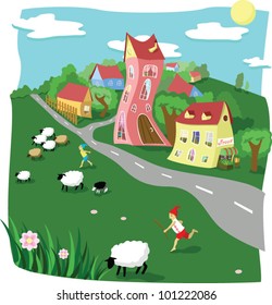Fantasy cartoon village, with sheep and shepherds on the field.