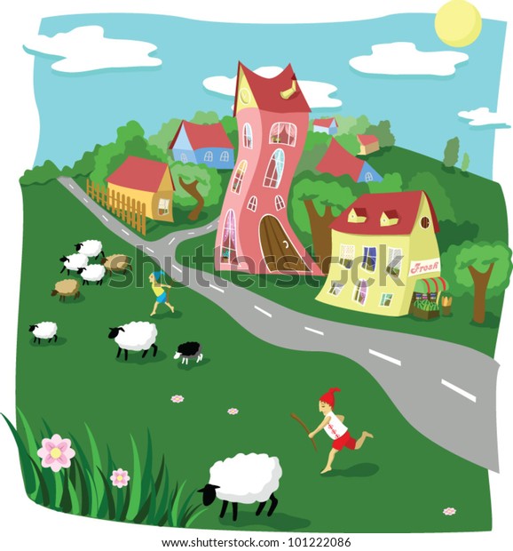 Fantasy Cartoon Village Sheep Shepherds On Stock Vector (Royalty Free ...