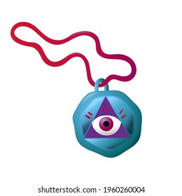 Fantasy Cartoon Witchcraft oder Zauberer Magic Symbol Jewelry Pendant auf einem String mit dem Masonic Element Auge in einem Dreieck. Amulet einzeln auf weißem Hintergrund für die Benutzeroberfläche von gui Game