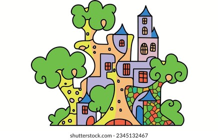 Fantasy Cartoon World: Adventures of Castle, Tree, and Animals