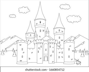 Fantasy castle. Black and white vector illustration for coloring book