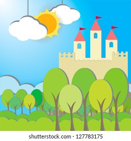 Fantasy Castle cardboard card in morning background, create by vector