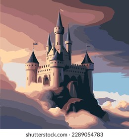 Castillo de fantasía en las nubes. Castillo de cuento de hadas. Cuto castillo de caricaturas. Ilustración vectorial.