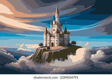 Fantasy castle in the clouds. Fairytale castle. Cute cartoon castle. Vector illustration.