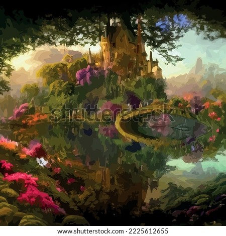 Fantasy Castle in an enchanted garden, Fairy tale landscape, magnificent scenery. Original digital vector illustration. Beautiful park or garden