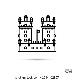 Fantasía castillo icono de línea plana. Ilustración vectorial de cuento de hadas