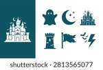 Fantasy castle icon set: vector silhouettes of castles, ghost, moon, stars, flag, fortress, bat and lightning for fantasy, Halloween and game design. Flat icon illustration EPS 10.