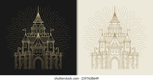 Fantasy castle of the king, golden hand drawn