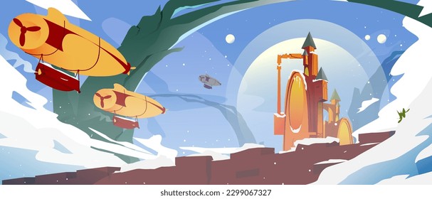 fantasy castle landscape during winter with mountains, and plane. vector illustration