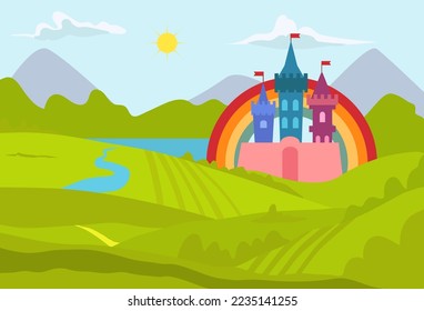 Fantasy castle landscape, vector illustration, medieval kingdom tower from fairy tale, palace architecture with flags, house building at nature.