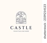 fantasy castle line art logo vector minimalist illustration design, dream castle view logo design 