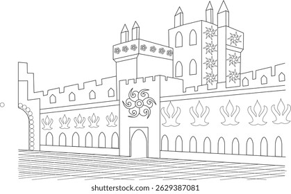 Fantasy Castle Line Drawing Illustration, Simple black and white line art illustration featuring a stylized fantasy castle or medieval fortress. The drawing shows towering walls, ornate turrets,