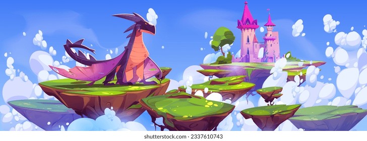 Fantasy castle and magic dragon floating on islands in sky. Vector cartoon illustration of fantastic reptile animal guarding dreamland with fairy tale fortress on pieces of land flying in clouds