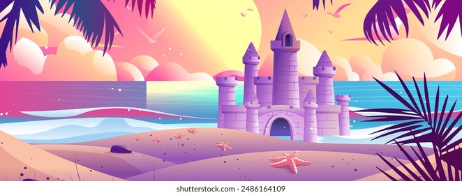 Fantasy castle on beach with starfish palm trees ocean sunset sky and clouds