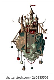 Fantasy castle on a big flying rock. Vector illustration.  