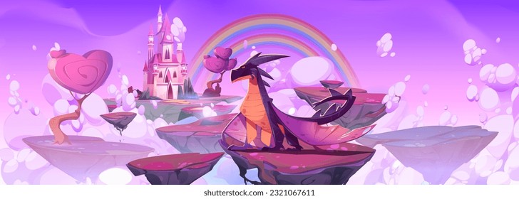 Fantasy castle on floating island and magic dragon fairytale game illustration. Pink medieval princess house in sky kingdom with cloud and flying rock platform. Mythical wings monster landing on stone