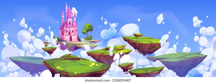 Castillo de fantasía en isla flotante en paisaje de dibujos animados. Templo mágico de cuento de hadas volando torre del reino en la imaginación de la escena del sueño del cielo. Escenario verde y rocoso de verano con plataforma de roca ui vector de juego