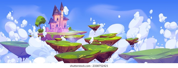 Fantasy castle on floating island in sky cartoon landscape. Magic fairytale flying kingdom tower in imagination heaven dream scene. Summer green and rock scenery with boulder platform ui game vector