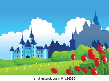 Fantasy castle on green landscape