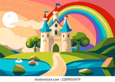 Fantasy castle with a rainbow. Fairytale castle. Cute cartoon castle. Vector illustration.