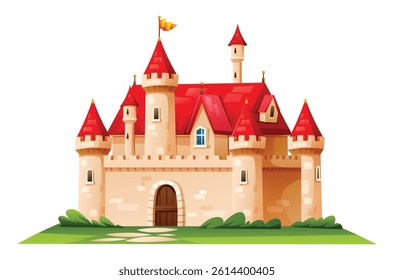 Fantasy castle with red towers and detailed windows in fairytale style. Vector cartoon illustration