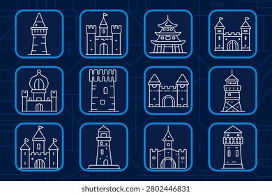 Fantasy castle set icon. Fortress, tower, palace, pagoda, citadel, medieval gate, royal architecture, fairytale kingdom, historic landmark, defense walls, ancient stronghold collection.