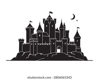 Fantasy Castle Silhouette Vector – Medieval Fortress Night Scene Black and White Illustration