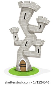 Fantasy Castle Tower/ Illustration of a funny cartoon tower castle, with rocks and stones wall, big wood armored door and slots