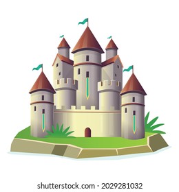 Fantasy castle with towers on the island on white background.Vector cartoon. Fairy castle for children.