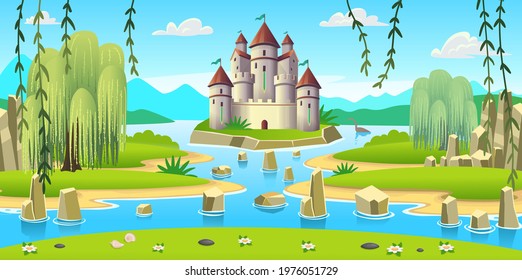 Fantasy castle with towers on the island.Vector cartoon landscape with kingdom, islands, rocks, big lake and clouds. Fairy castle for children.