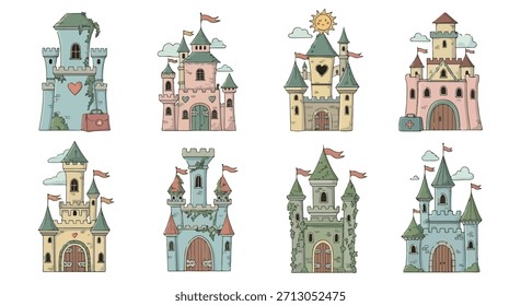 Colección de castillos de fantasía con banderas y corazones
