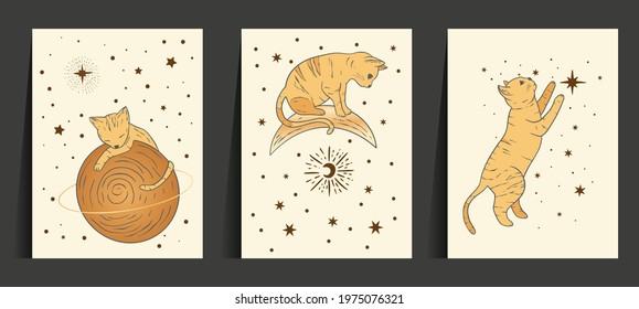 Fantasy cat celestial astrology nursery art. Boho esoteric card set. Golden art moon and star magic vector collection.