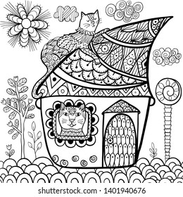 Fantasy cat house coloring page for adults and children. Vector illustration