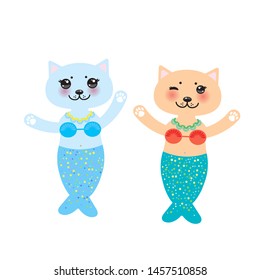 fantasy cat mermaid funny Kawaii face with pink cheeks, pastel colors blue pink red isolated on white background. Can be used for greeting card design, frame for your text, copy space. Vector