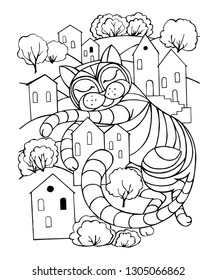 Fantasy Cat On The Street Of A Small Town. Logo In Black Outline On White Background. Coloring.