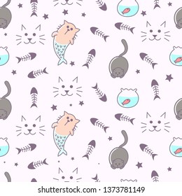 Fantasy cat seamless pattern, cute, simple, cartoon