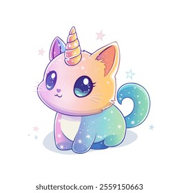 Fantasy Cat Unicorn with Sparkling Stars. Cute Cat Unicorn with Rainbow Colors. Magical Rainbow 