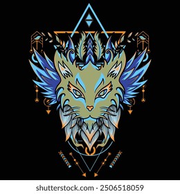 Fantasy Cat with Wings and Sacred Geometry Background 4 For T-shirt