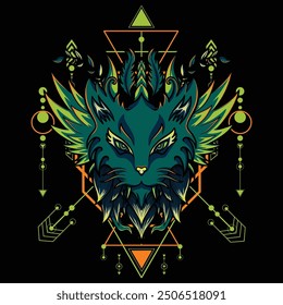 Fantasy Cat with Wings and Sacred Geometry Background For Gaming Logo