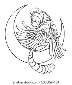 Fantasy cat with wings sitting on the moon. Logo in black outline on white background. Coloring.